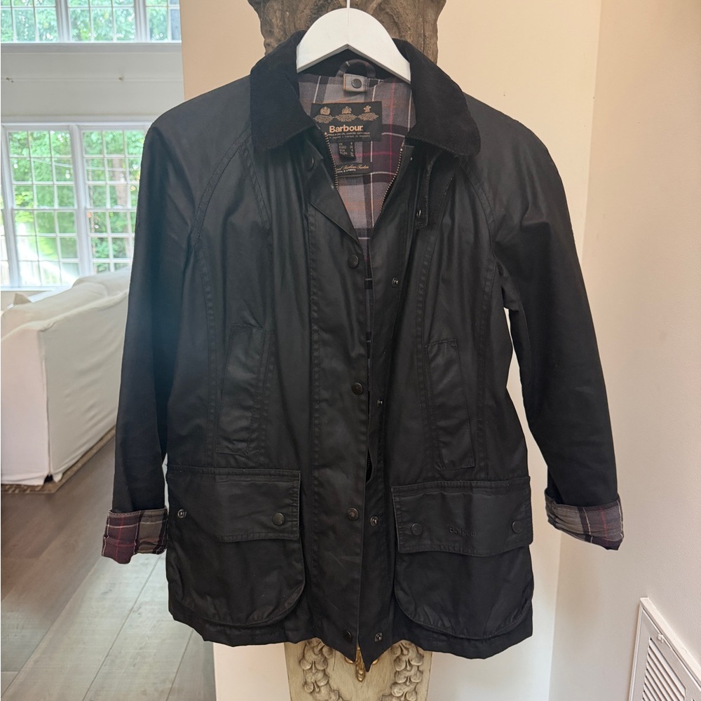 Barbour Black Waxed Cotton Field Jacket with Cord Collar Excellent Condition!